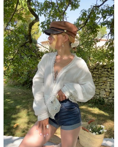 Blouse en gaze de coton, dentelle et crochet ANNETTE - Loupiote